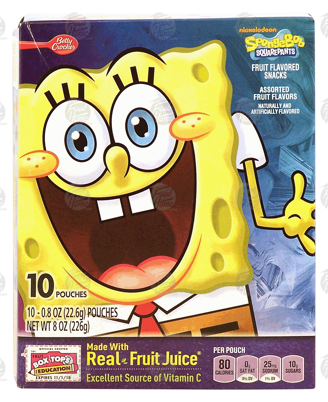 Betty Crocker  SpongeBob Square Pants; assorted fruit flavored snacks, 10-pouches Full-Size Picture